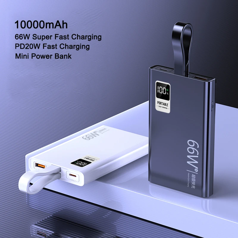 Power Bank 10000mAh Portable Charger 66W Fast Charging Mini Powerbank With Cable for iPhone Xiaomi Huawei Samsung Mobile Phones