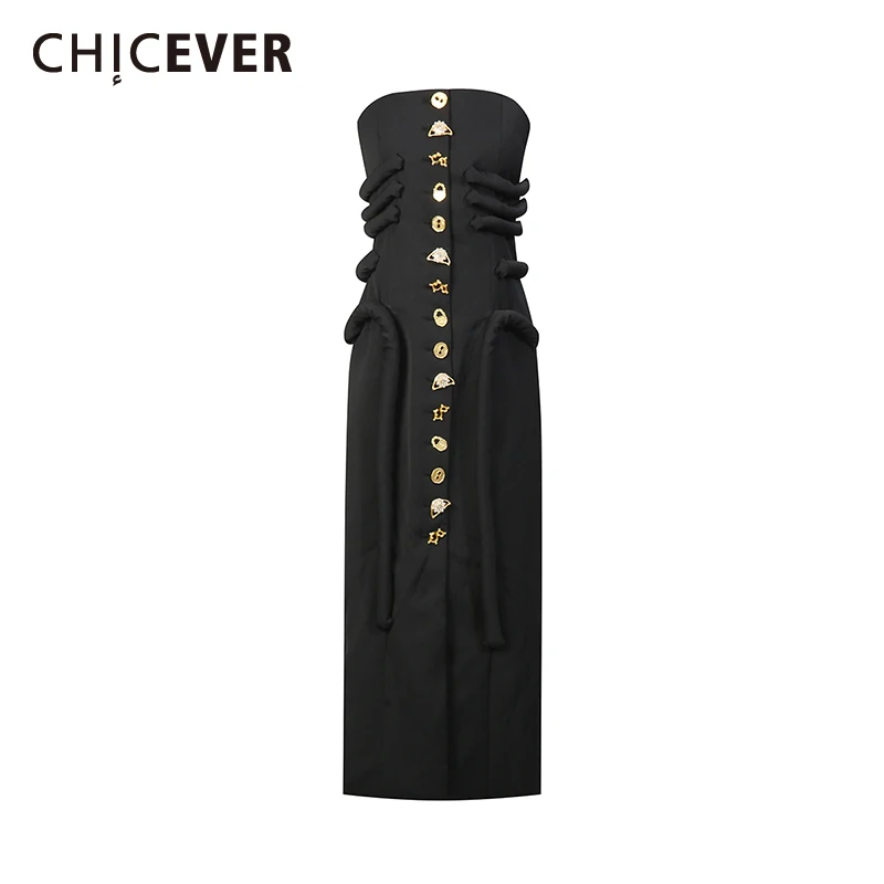 CHICEVER Solid Spliced Single Breasted Dress Female Square Collar Sleeveless Intellectual Temperamet Women's Dresses Fashion New