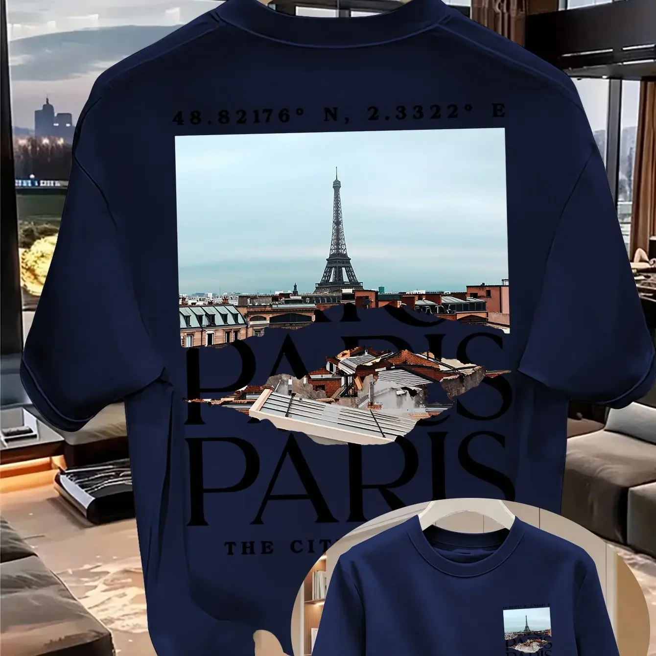 Retro Torn Paper Eiffel Tower Coordinates City Landscape Pattern Men's 100% Cotton T-shirt Breathable Loose Souvenir Top