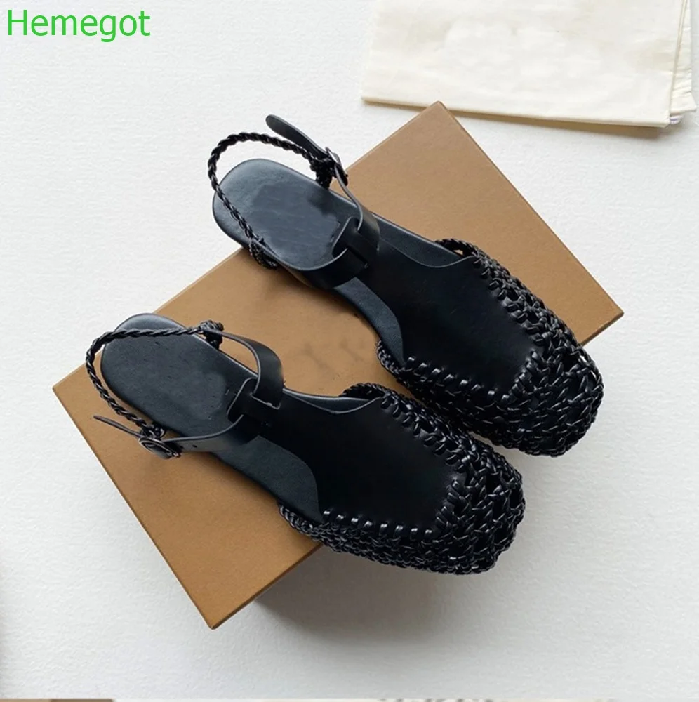 Braided Hollow Mesh Flat Shoes Genuine Leather Retro Square Toe Mary Janes Casual Outdoors Back Strap Black/brown Roman Sandals