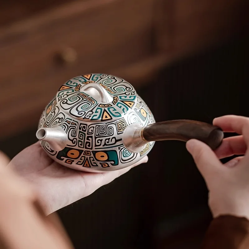 

Легкий роскошный серебряный чайный сервиз из чистого серебра 999 пробы с боковой ручкой, каменный ковш, чайник ручной работы, позолоченный серебряный чайник, бытовой кунг-фу, teapo