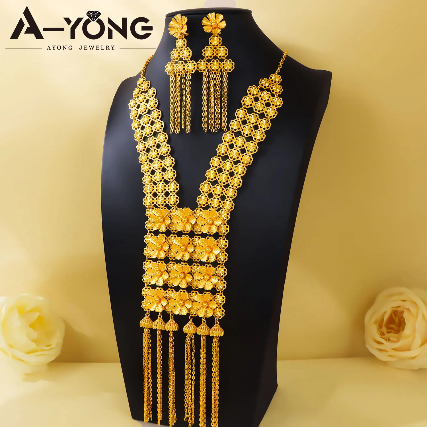 Gorgeous Habesha Gold Color Jewelry Set Ethiopian Tassel Bridal Wedding Necklace Earrings Arabic Women Engagement Jewelrys