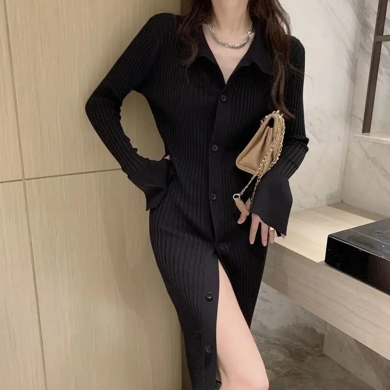 Winter POLO Knit Warm Korean Fashion Sweater Dress Skinny Solid Button Long Sleeve Vintage Knee Pullover Black Women\'s Dresses