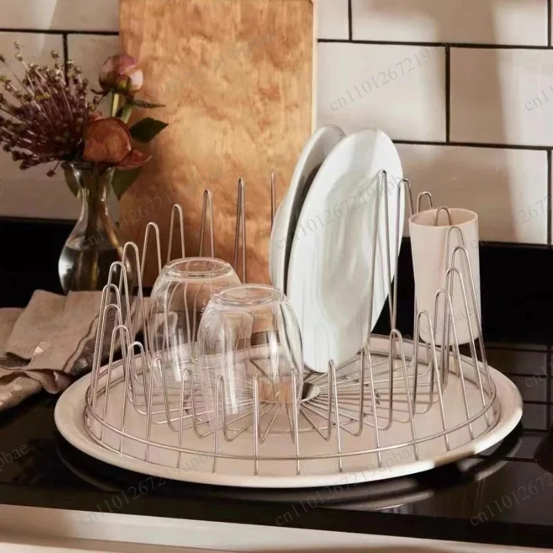 Space-Saving Round Tabletop Dish Drain Rack with Water Tray Multifunctional Kitchen Plate Cup Wine Glass & Chopstick Organizer