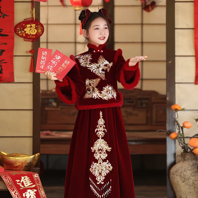 Retro Kids Hanfu Dress 2024 New Elegant Girls Chinese Festive New Year Clothes Perform Costume Children Christmas Birthday Gift