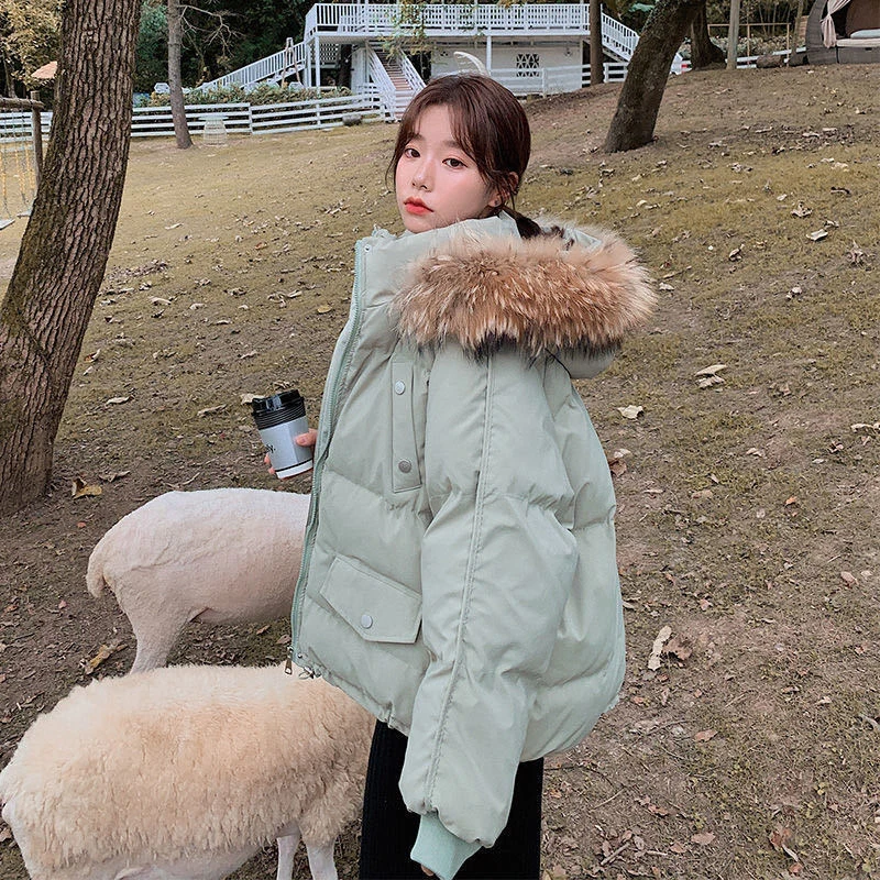 Parkas com capuz para mulheres casaco de algodão sólido casual coreano Harajuku solto, puffer acolchoado grosso e quente, jaqueta de bolha para senhoras, inverno