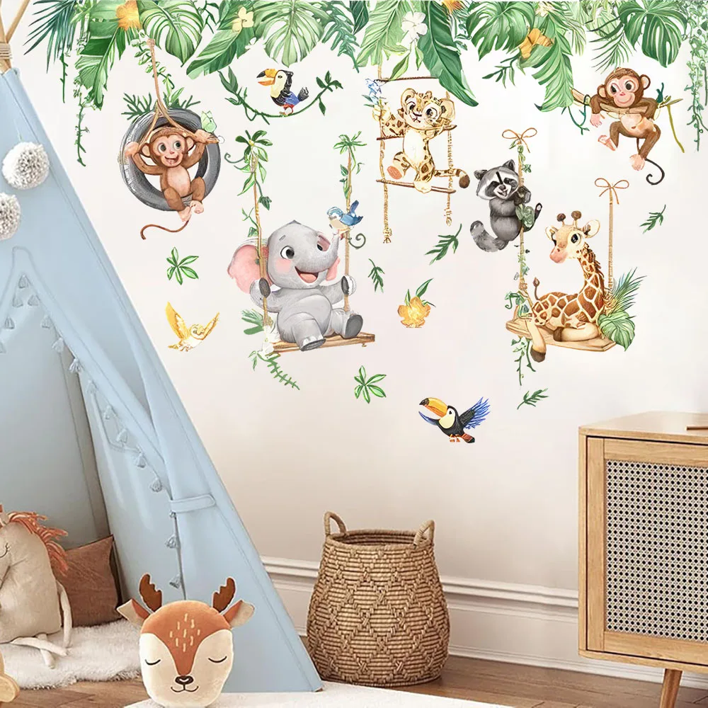 Woodland Jungle Animals Swing Wall Stickers Safari Monkey Elephant Giraffe Cub Tropical Leaves Wall Decals Bedroom Living Room