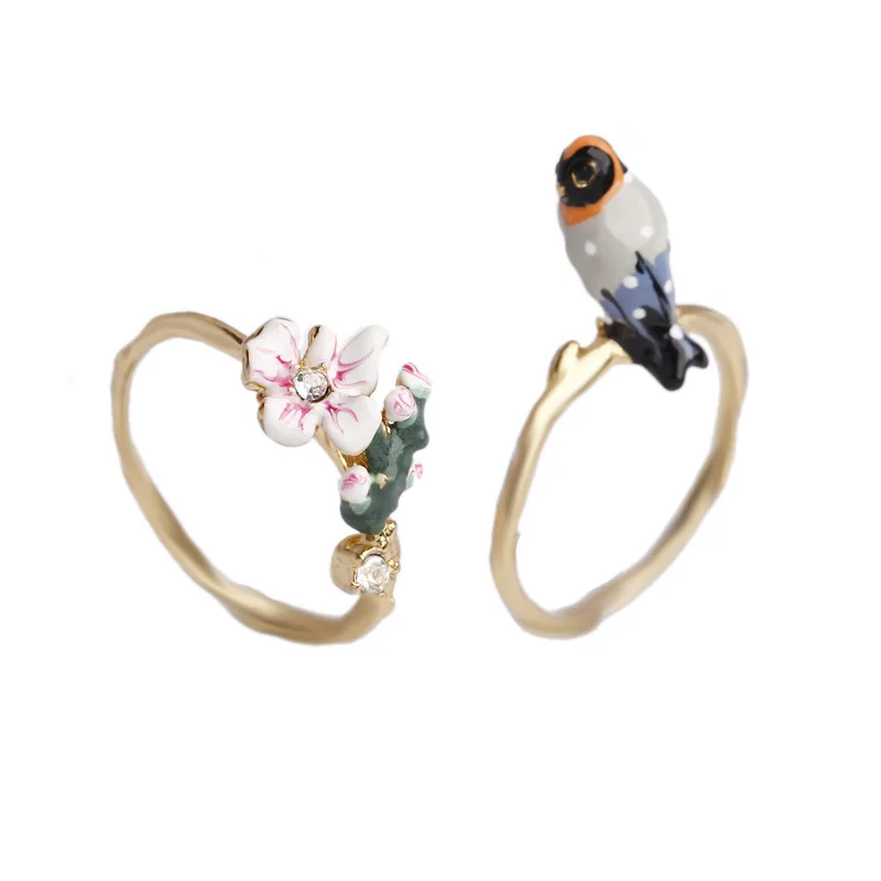 

Handmade Enamel White Flower Blue Bird Ring Gold-plated Jewelry European and American Style New Arrival Craft Accessories