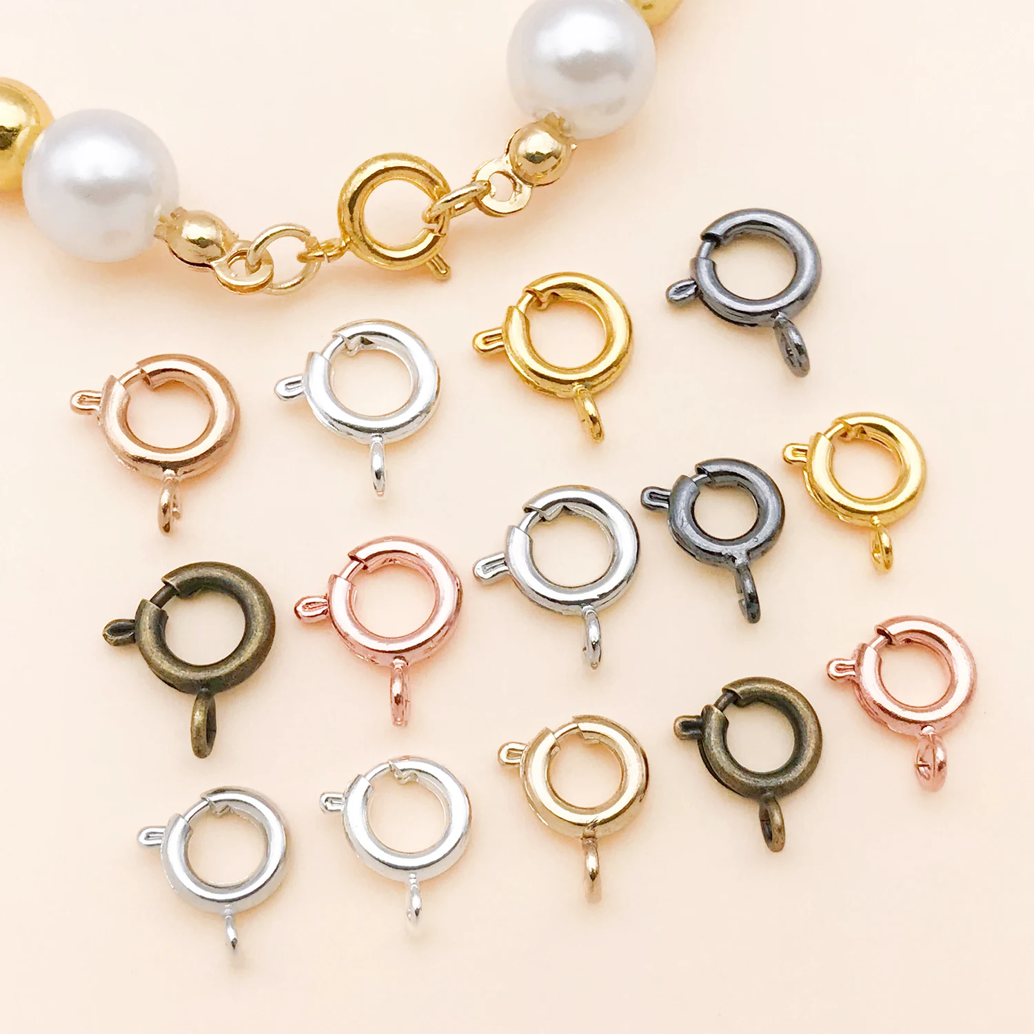 10pcs/lot 9/10mm Gold Round Spring Clasp With Jump Ring Open Connect Clasp For DIY Necklace Chain Jewelry Making Accessories