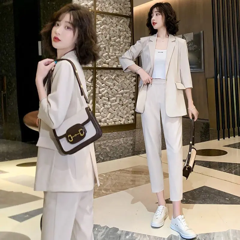 Korean Style Summer Unlined Thin Jacket Blazers Pencil Pants Two-piece Elegant Women's Office Casual Suit Set