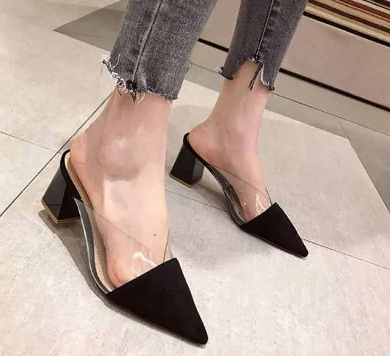 2023 New Arrival Summer Women\'s Pointy High Heels Half Support Transparent Fashion Thick Heel Sandals Root Women\'s Shoes