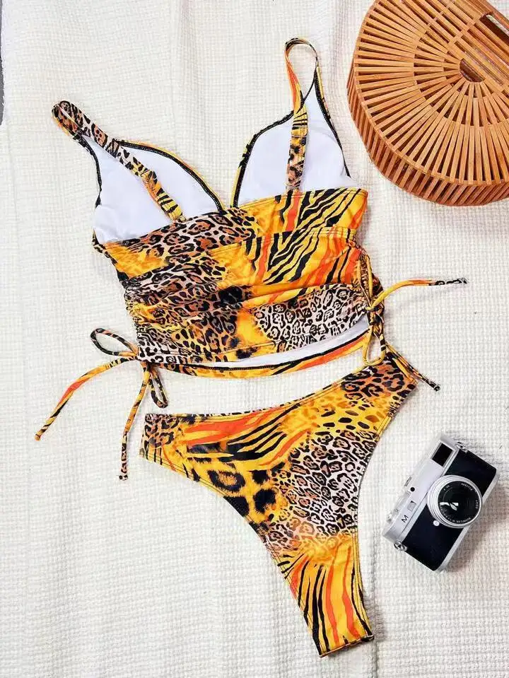 ชุดว่ายน้ำบิกินี่เซ็กซี่แบบผูกเชือก ดีไซน์ดันทรง ชุดว่ายน้ำสองชิ้นลายเสือดาว ชุดชายหาดสำหรับผู้หญิง