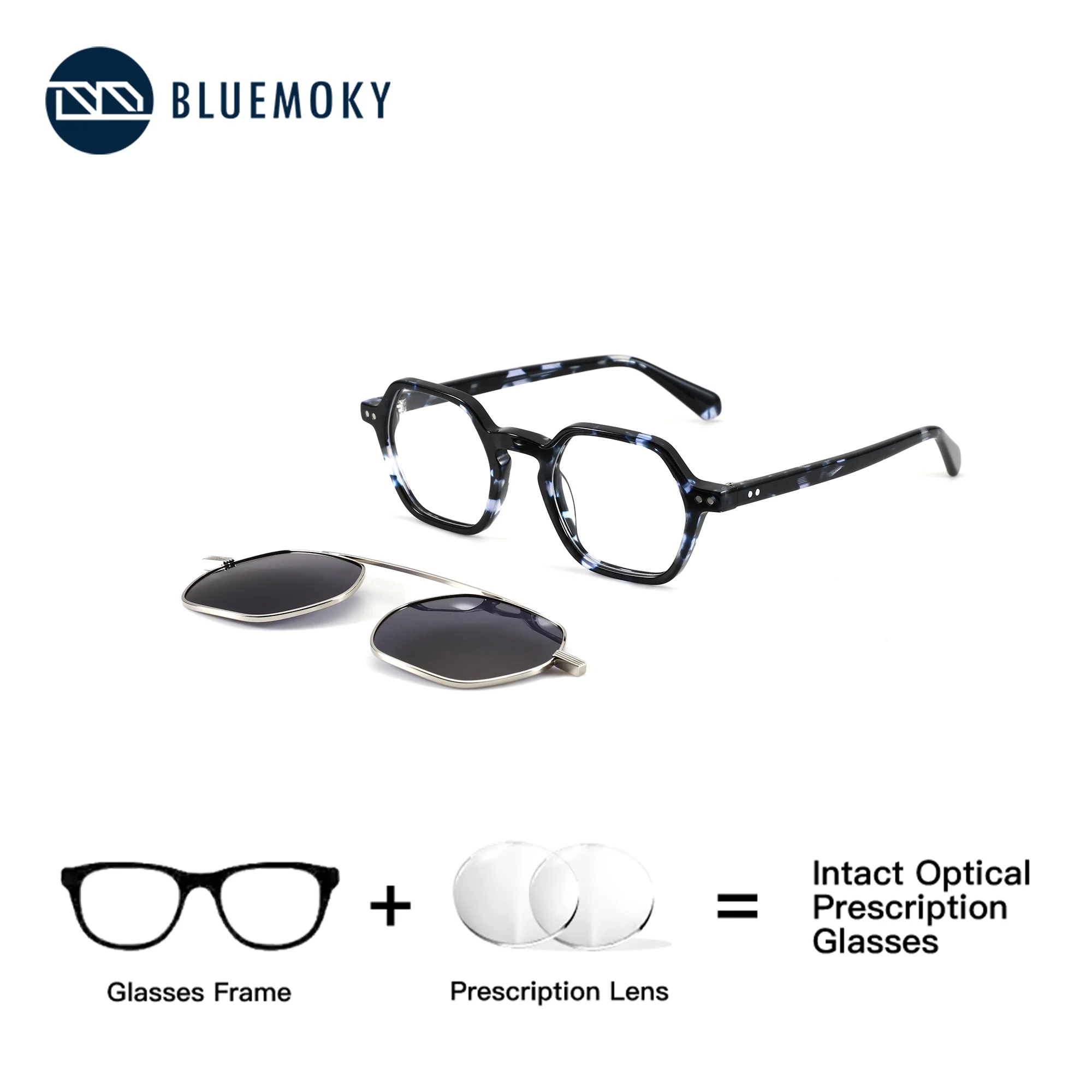 BLUEMOKY S Size Polygon Clip On Prescription Glasses For Men Acetate Anti Blue Light Optical Grade Glasses