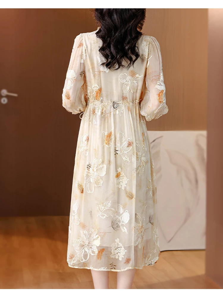 2024 Summer High end Mulberry Silk V-neck Embroidered Dress with Silk Charm Medium to Long Light Luxury A-line Long Dress