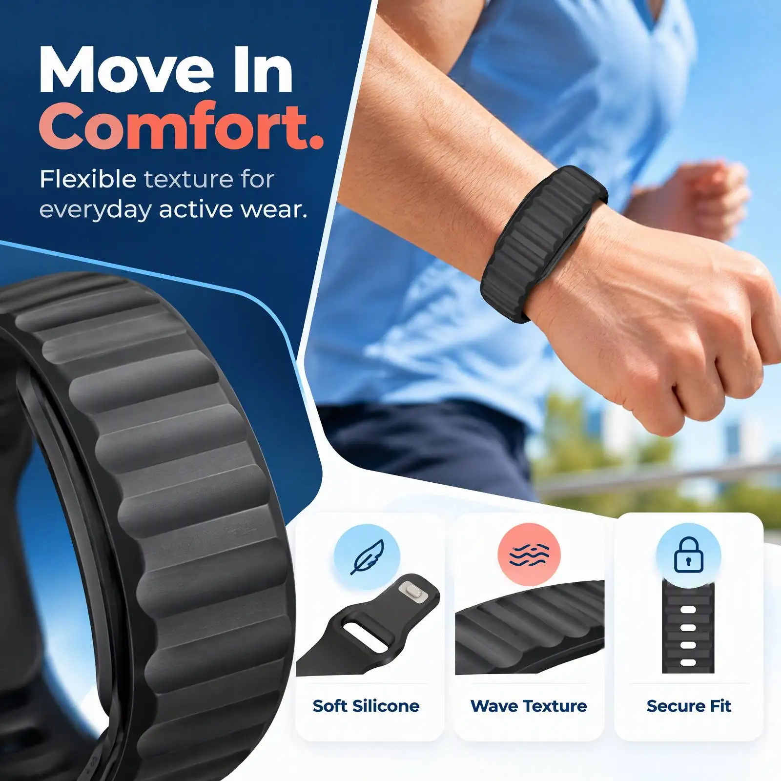 Cycling Running Band for VENU Smart Band Wave Silicone Alloy Clasp 175-234mm Wrist