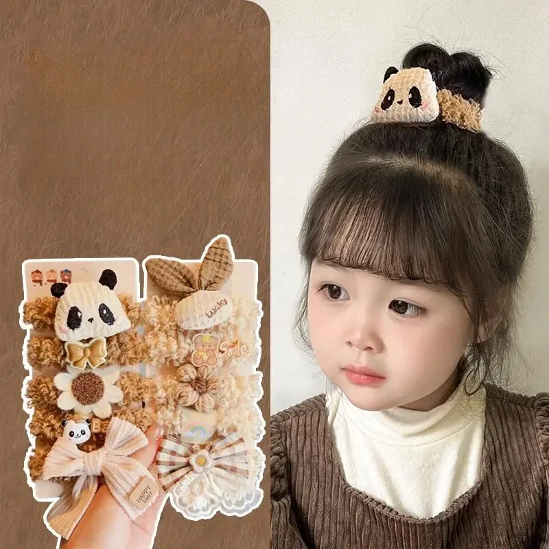 5Pcs/Set New Children Brown Panda Bowknot High Elastic Hair Bands Baby Girls Scrunchies Rubber Bands Kids Sweet Hair Accessories