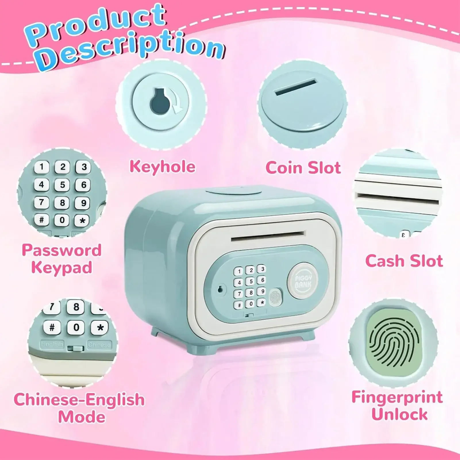 Kids Piggy Bank Fingerprint Password Electronic Savings Box Cash Coin Safe Box Toy Electric Bank For Counting Savings Ages 3-12 - view 5
