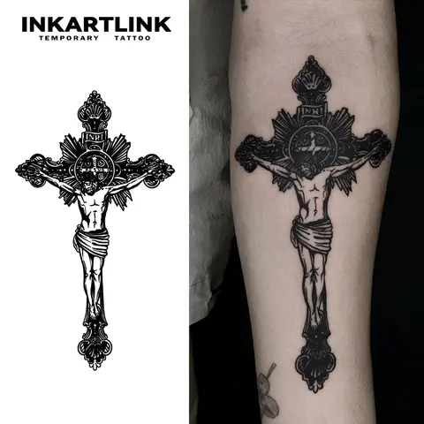 The Crucifix of Jesus Temporary Tattoo,Lasts To 15 Days New Technology Magic Waterproof Semi Permanent Sticker.