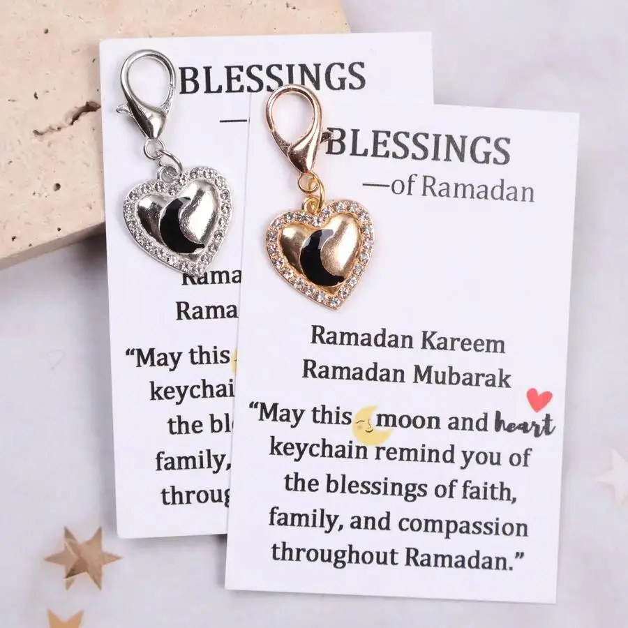 1/5/10/20/50/100pcs Unique Charming Heart & Moon Keychain Pocket Hugs Token, With Holiday Blessing Pocket Hug Card. Ideal Eid Al