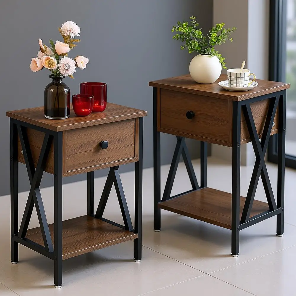 

End Tables, Modern Nightstand with Drawer & Shelf, Night Stand for Bedroom Living Room,Industrial Metal Frame