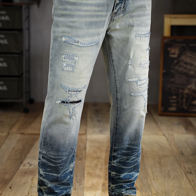 

2024 New Men's American-Style Vintage Washed Distressed Jeans Men's Ripped Stretch Slim Straight Handsome Skinny Pants