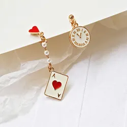 Asymmetric Earrings Poker Clock Dangle Earrings For Women Girls Long Imitation Pearls Brincos Jewelry