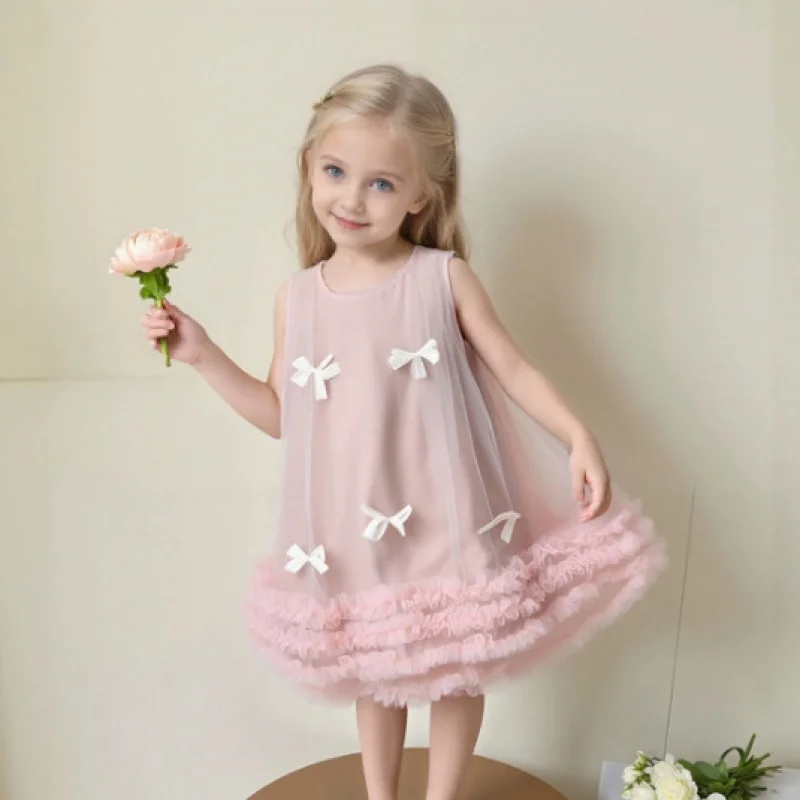 Girls' Mesh Bow Dress Summer New Sleeveless Puffy Princess Dress for Baby Girls Vest Dress