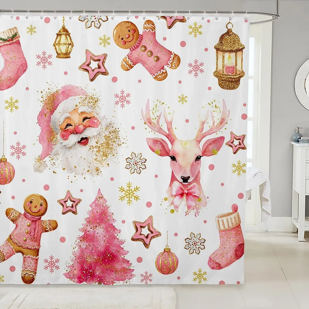 

Розовая рождественская елка, занавеска для душа с изображением Санта-Клауса и оленя со снежинкой, водонепроницаемый зимний декор для ванной комнаты для милых праздников