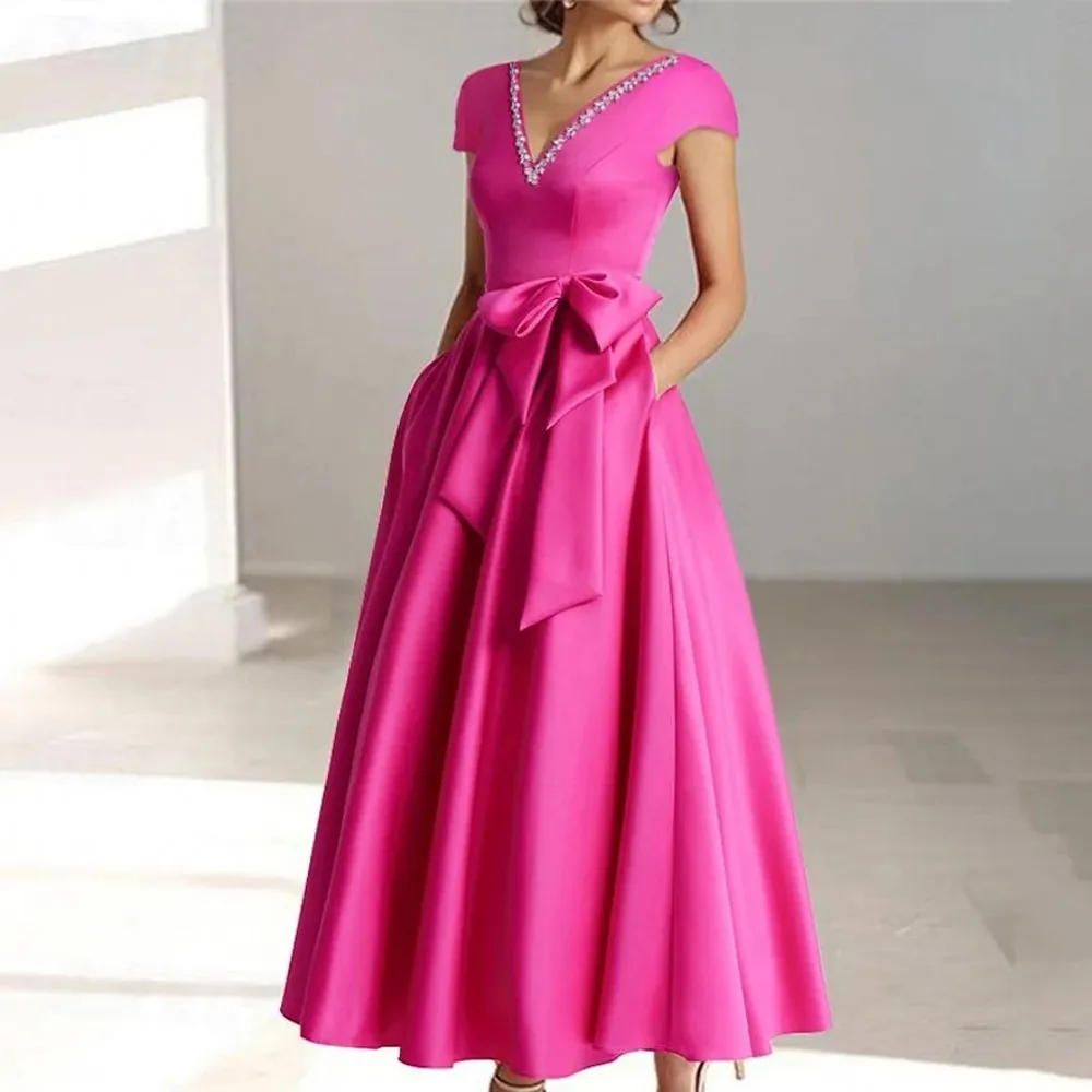 

Elegant Mother of The Bride Dress 2026 Cap Sleeve V Neck Crystal Bow Ankle Length A Line Satin Wedding Guest Party Gown