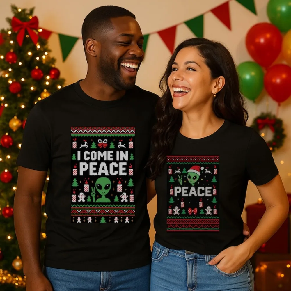 

Funny Alien Christmas Shirts I Come in Peace Peace Tees Couples Ugly Tops Party Shirts Adult Humor Holiday T-Shirts His and Hers