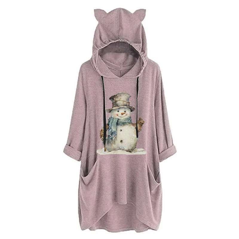Autumn and winter warm season new cotton women's snowman top hat print fashion cute retro hooded cat ear hoodie