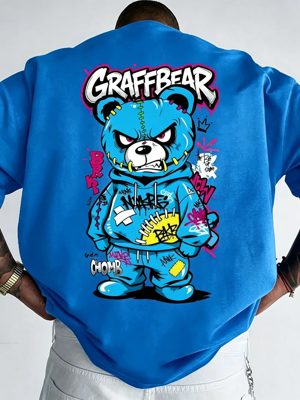 European and American men's summer trend angry teddy bear letter print soft and breathable round neck T-shirt outdoor street top