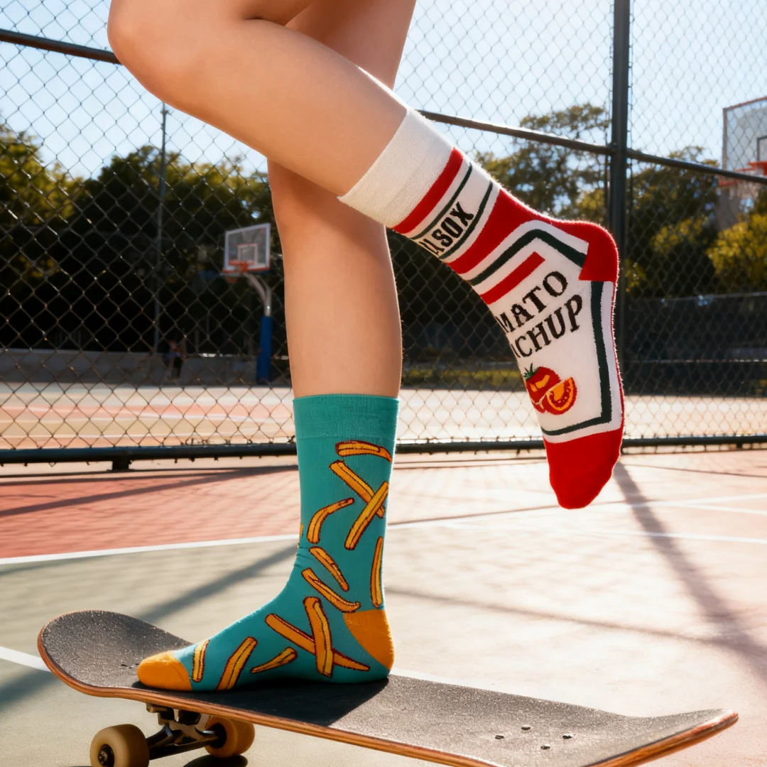 1 Pair of Fashionable Creative Women's Mid-Calf Socks, Tomato Fries Asymmetric Pattern, Street Style Outfit