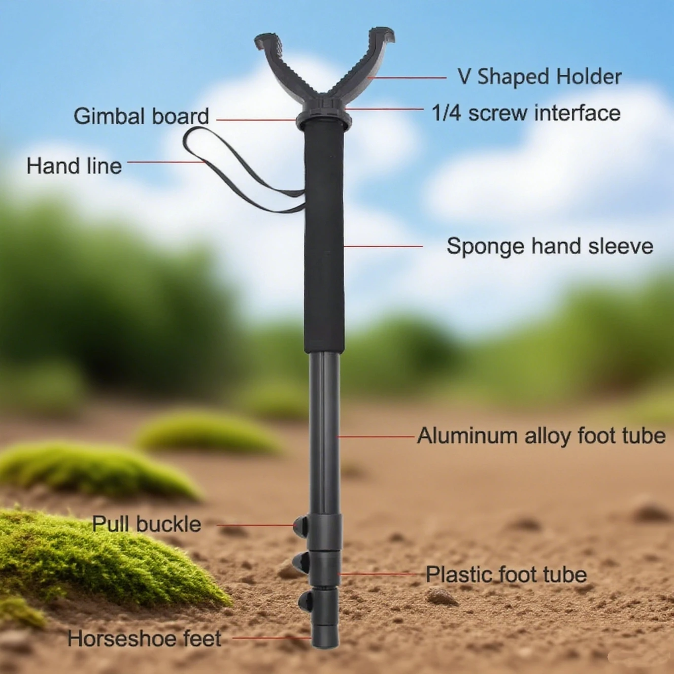Jagd-Einbeinstativ aus Aluminiumlegierung, Teleskop-Schießstab mit Anti-Verlust-Handgelenkschlaufe und V-Yoke-Kopf – Detail 1
