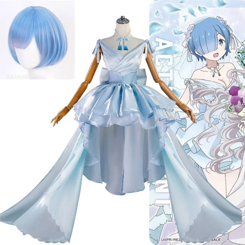 

Rem Wedding Dress Anime Zero Cosplay Costume Blue Lolita Dress Bow Pearl Necklace Wig Cute Girl Woman Halloween Comic Con Suit