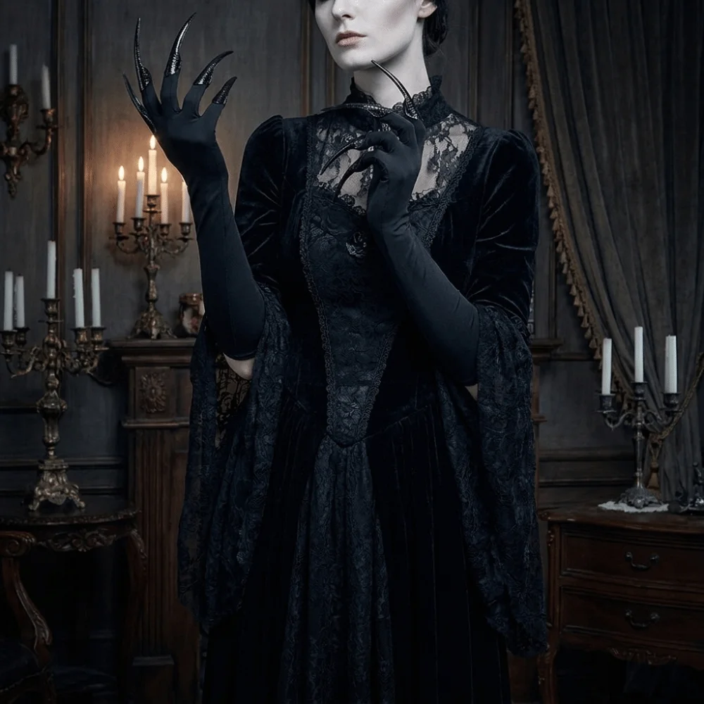 Gothic Long Nails Gloves Black Stretch Polyester Halloween Witch Gloves Black Elastic Detachable Claw Nails Gloves