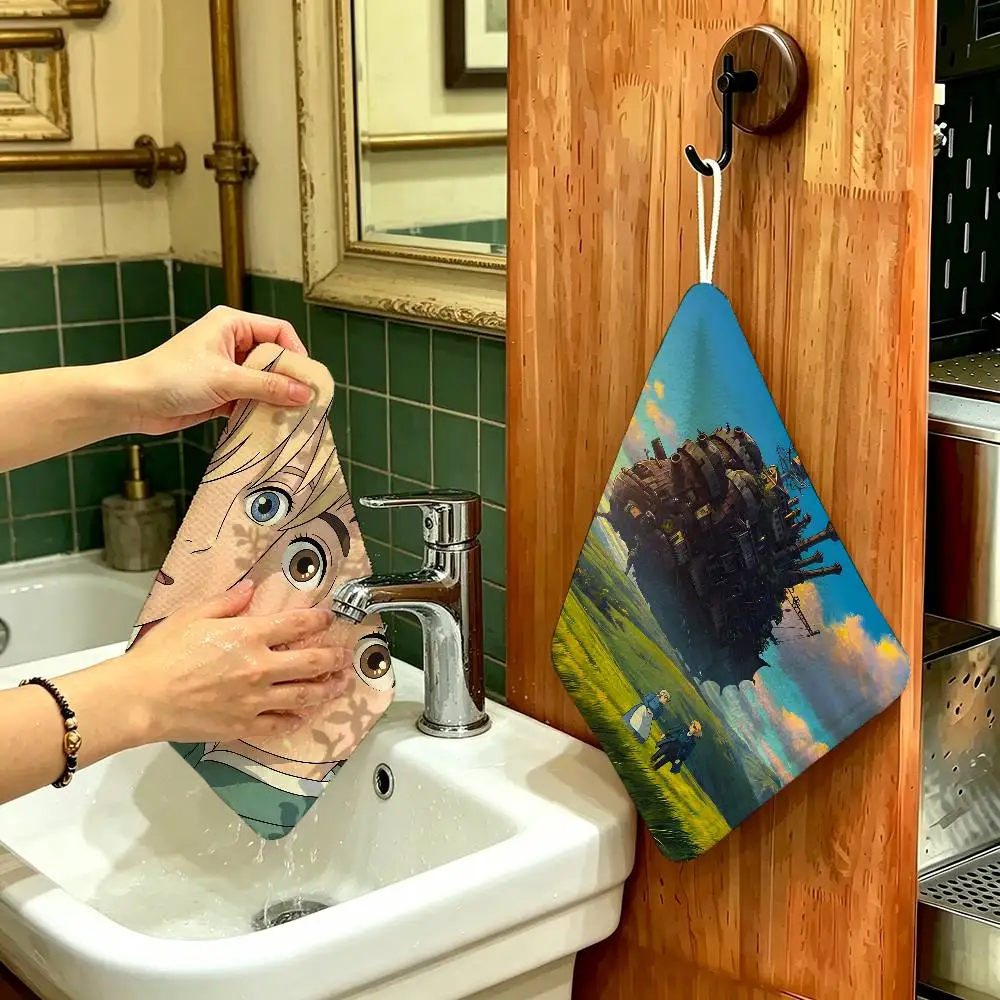 H-Howls-Moving-CastleS Polyester Cotton Hand Wiping Towel, Hanging Design, Durable for Household Restaurant Toilet Use