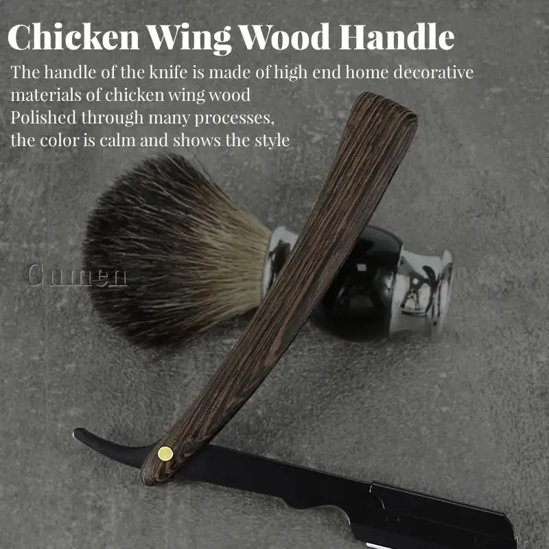 Men Stainless Steel Straight Razor Set Chicken Wing Wood Handle Barber Manual Folding Shaving Knife Beard Shaver With 10 Blades