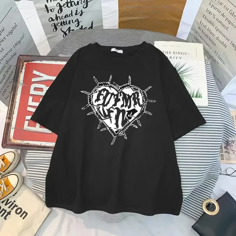 الظلام القوطية ايمو Alt قصيرة الأكمام س الرقبة فضفاضة الأسود المحملة القمم Y2k موضة القوطي خمر تي شيرت مطبوع المرأة Harajuku الشارع الشهير #2