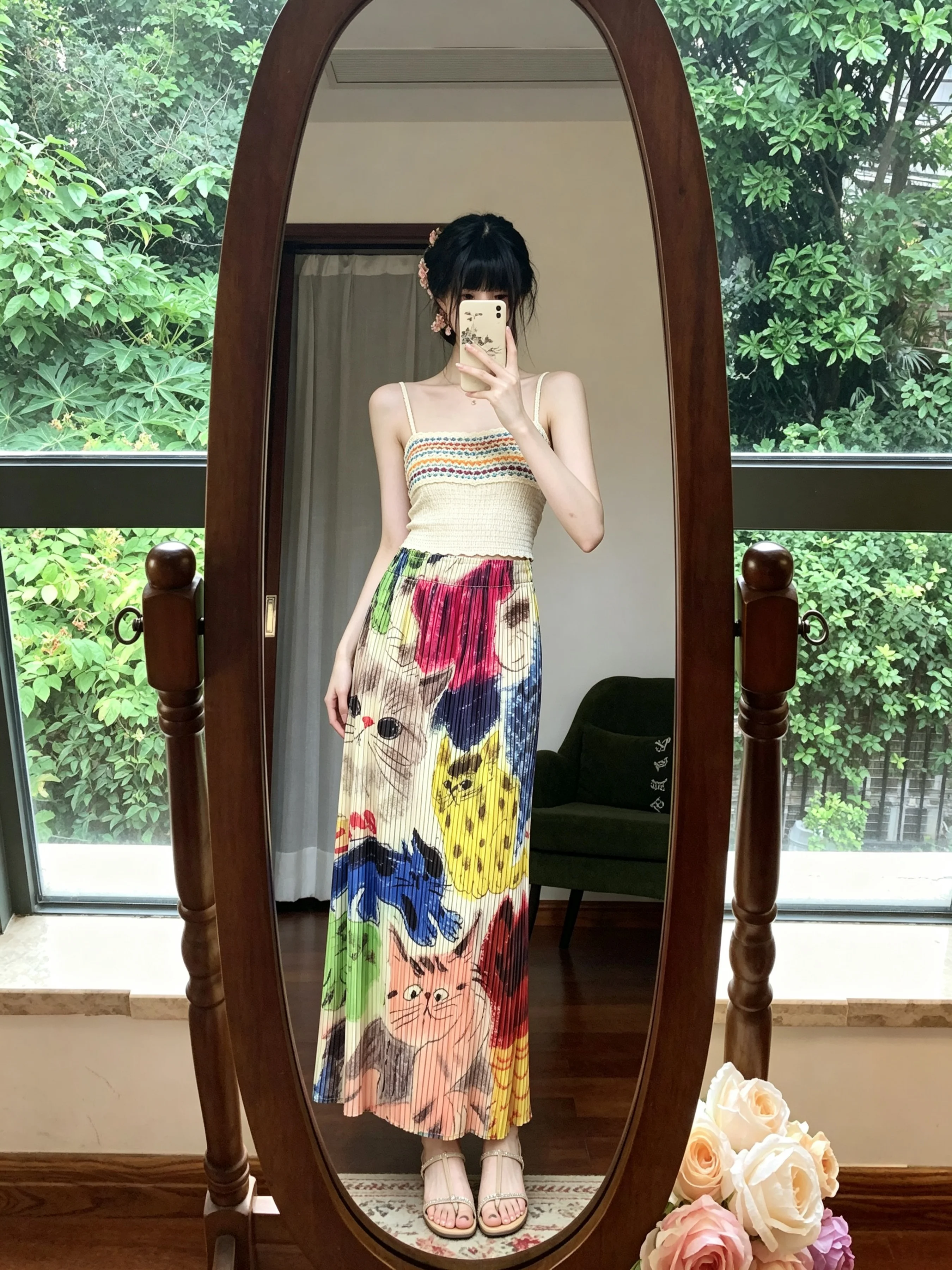 Ice Silk  Half Skirt Women's Summer Thin High Waist A-Line One-Piece Beach Island Vacation Skirt Polyester Fiber A-Line Skirt