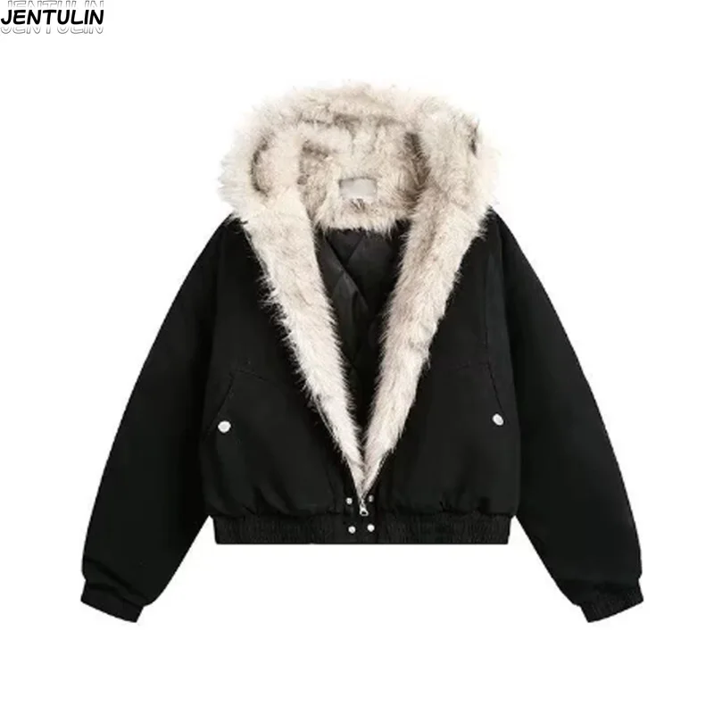 Y2K Winter Warm Clothing Men Women Retro Simple Plush Coat Sportswear New Loose Leather Motorcycle Punk Fur Collar Jacket Couple