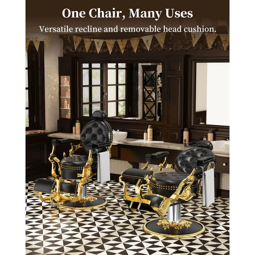 Vintage Salon Chair with Exquisite Rivet,Black and Gold Retro Classic Barber Chair, Heavy-Duty Reclining Barber Chair