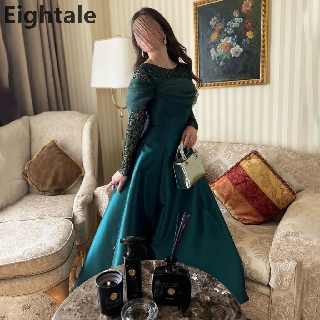 

Eightale 2025 Green Satin A-Line Long Sleeve Evening Dress Women's Prom Gown Dubai Formal Party Customized