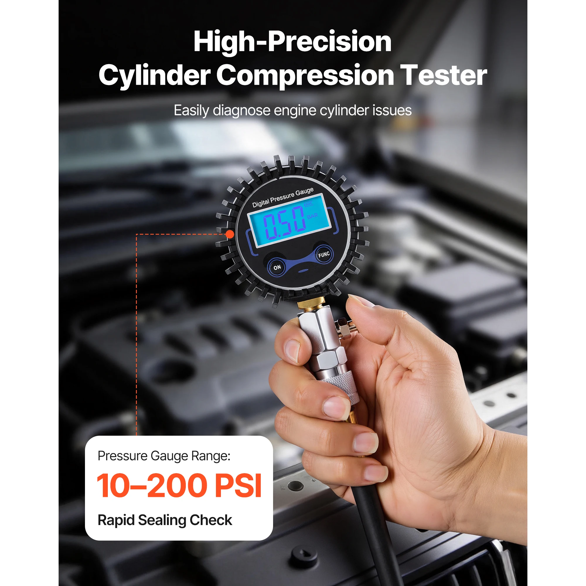 SucceBuy Engine Cylinder Compression Tester Kit Pressure Gauge Range of 10-200PSI with 4 Adapters for Automotive Car Motorcycles