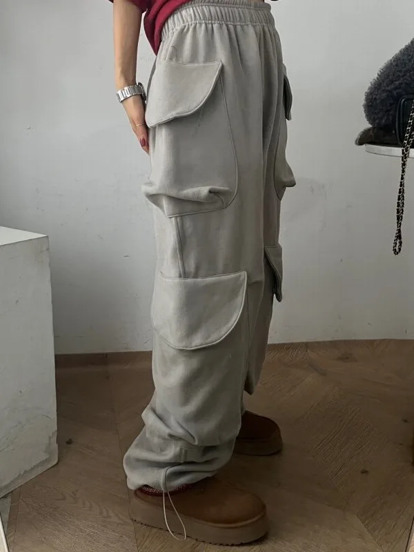 Korean Style Casual Pants with Multiple Pockets Fleece Lined Cuffed Versatile Women's High Waist Cotton Blend Trousers