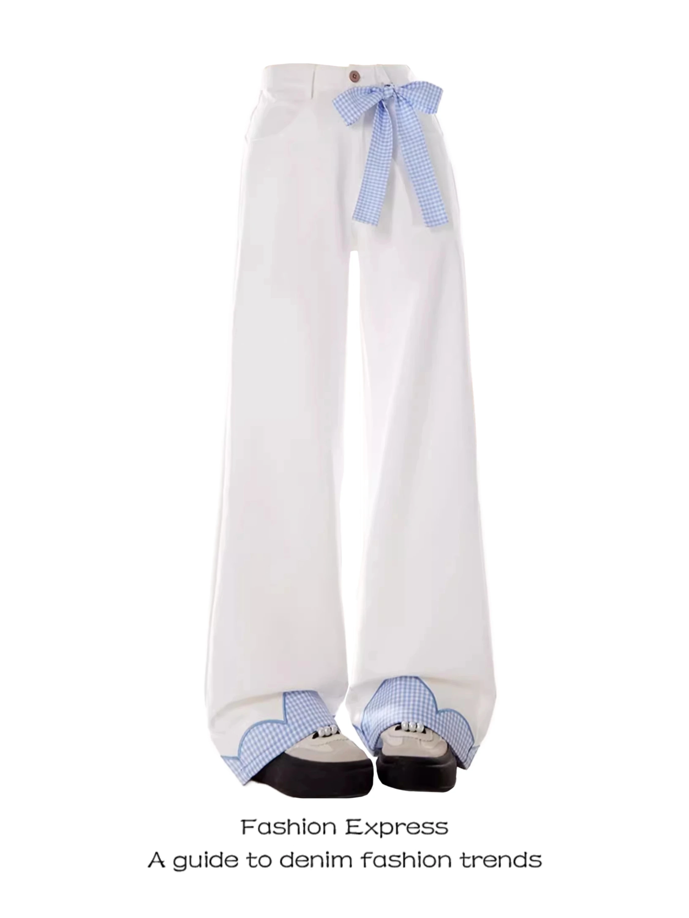 

Ele White Denim Pants Women's Loose Wide Leg Straight Cut Trousers Spring Autumn Plaid Splicing High Waist Casual Jeans