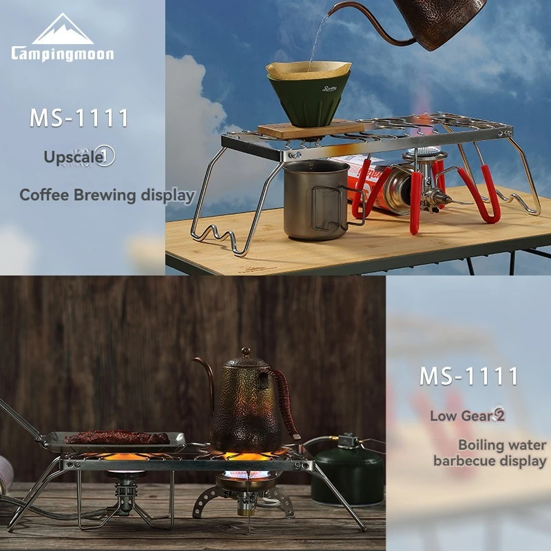 CAMPINGMOON MS-1111 رف موقد صغير قابل للطي من الفولاذ المقاوم للصدأ مع شبكة شواء ممتدة من النوع S متوافقة مع رف موقد غاز مزدوج #4