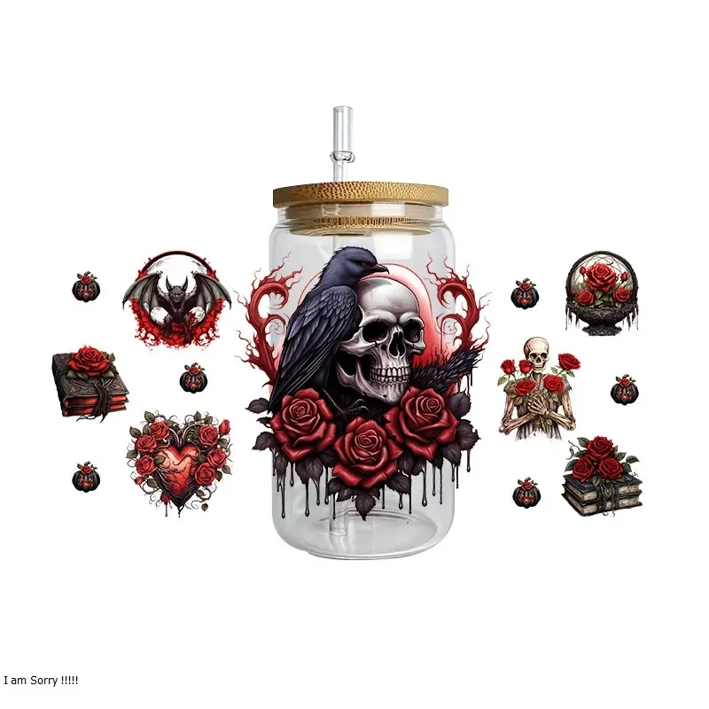 Spooky Witch Girl Series 3D Transfer Sticker For 16oz Libbey Glass Waterproof Mug Cup Wraps Skull Wicker Cute UV DTF Stickers