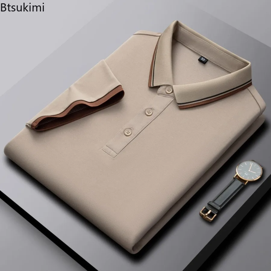 

2025 Men's Summer Business Polo Shirt Casual Striped Collar T Shirt High Quality Cotton Tee Social Polo Shirt Menswear Clothes