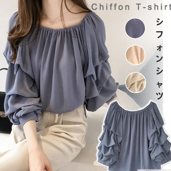 Herbst Neue Mode Koreanischen Stil frauen Lose Chiffon Langarm Slash Neck Shirts Weibliche Einfarbig Casual Trendy Kleidung Top